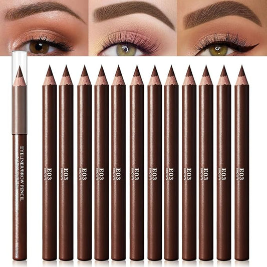 Eyebrow Pencils for Women, 12Pcs Hard-Core Wooden Eye Brow Eye Liner Pencils for Beginner Makeup, Black Coffee Brown Colors, Waterproof & Sweat-Proof (Brown-12 Pcs-E03)