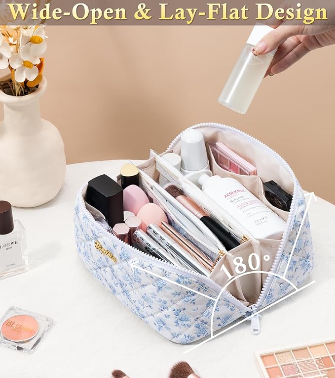 Travel Makeup Bag, 3 Pcs Large Capacity Puffy Toiletry Bag for Women, Open Flat Make up Cosmetic Organizer w/Handle & Clear Divider Water-resistant Portable Pouch Travel Essentials, M-Green Floral