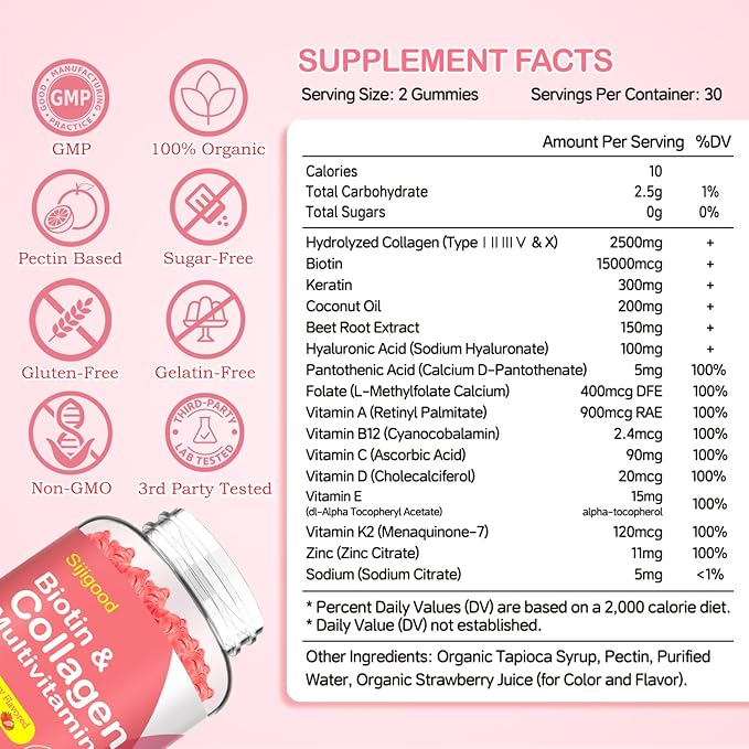 Collagen Peptides Gummies Sugar Free for Women & Men, 2500mg Multi Collagen Type I,II,III,V,X with 15000mcg Biotin & Vitamin C D K2 B12 A E, Hydrolyzed Protein for Hair Skin Nails, Bone, 60Cts