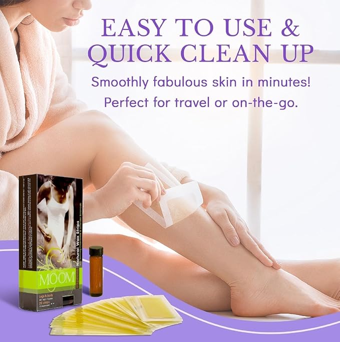 MOOM Express Wax Strips with Chamomile & Lavender, Hair Removal Kit with Finishing Oil – Legs, Bikini, Face & Body, 10 Double-Sided Strips (1 Pack), 20 Count