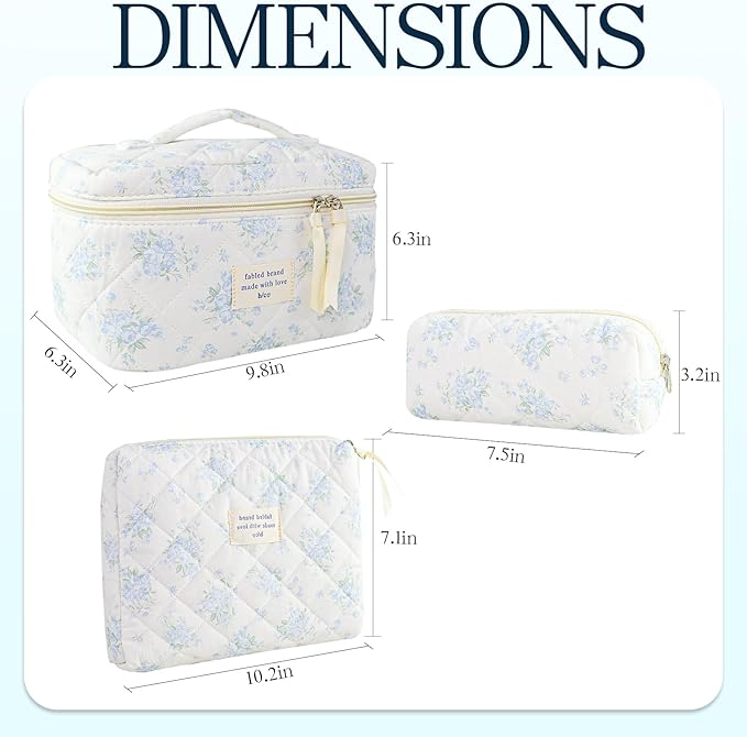 Makeup Bag, 3 PCS Quilted Makeup Bag, Cute Floral Cotton Cosmetic Bag set, Coquette Makeup Pouch Large Travel Toiletry Bag
