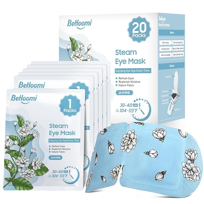 BeHoomi 20 Packs Steam Eye Mask, Heated Eye Mask Warm Compress for Eyes, Disposable Self Heating Steam Mask Sleep, Spa, Travel Essentials & Relaxation Gifts for Women, Stocking Stuffers (Jasmine)