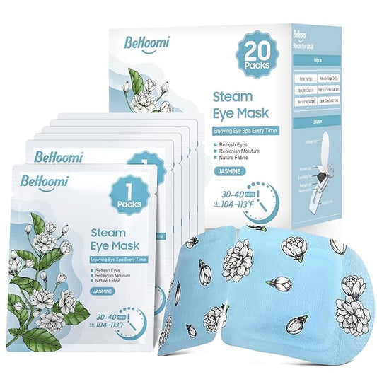 BeHoomi 20 Packs Steam Eye Mask, Heated Eye Mask Warm Compress for Eyes, Disposable Self Heating Steam Mask Sleep, Spa, Travel Essentials & Relaxation Gifts for Women, Stocking Stuffers (Jasmine)