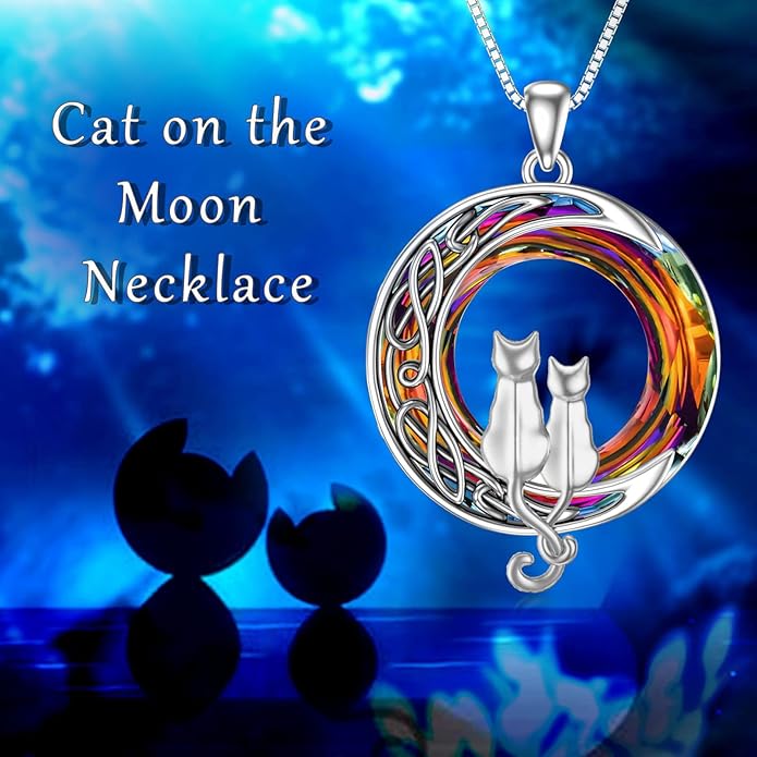 TOUPOP Cat Gifts for Cat Lovers One Two Three Four Cats Necklace Sterling Silver Cats on the Moon Pendant Necklace with Blue Circle Crystal Birthday Christmas Celtic Jewelry Gifts for Women