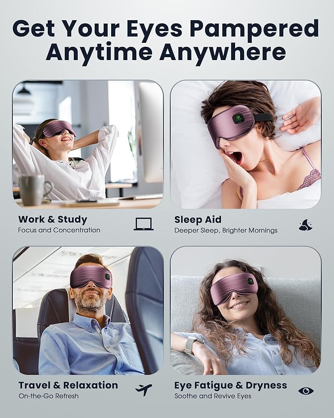 Azang Heated Eye Mask - Cordless Eye Mask for Dry Eyes, Eye Relief, Improved Sleep, Washable Eye Heating pad for Travel and with Replaceable Shell (Purple)