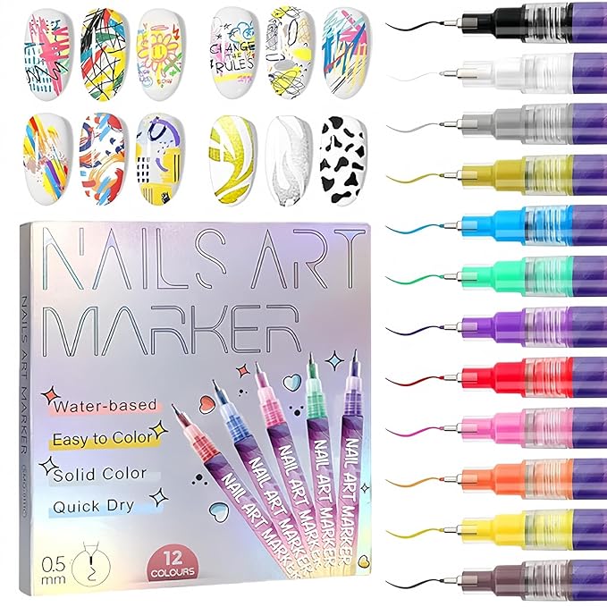 12 Colors Nail Art Pens Set, 0.5mm Fine Tip Nail Art Marker for DIY Nail Designs, Water-Based Quick Dry Nail Drawing Pens, Multi-Color Nail Painting Liner Pens for Manicure Beginners & Nail Artists
