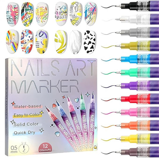 12 Colors Nail Art Pens Set, 0.5mm Fine Tip Nail Art Marker for DIY Nail Designs, Water-Based Quick Dry Nail Drawing Pens, Multi-Color Nail Painting Liner Pens for Manicure Beginners & Nail Artists