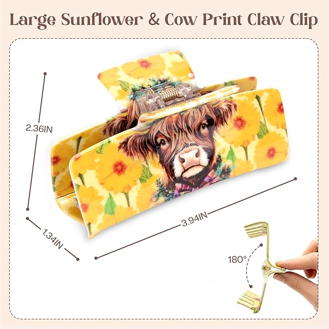 Medium Hair Claw Clip with Floral Cow Design, Plastic Non-Slip Strong Hold Jaw Clip for Thick & Thin Hair, Highland Cow Animal Hair Accessories for Women Daily Wear, Party, Travel