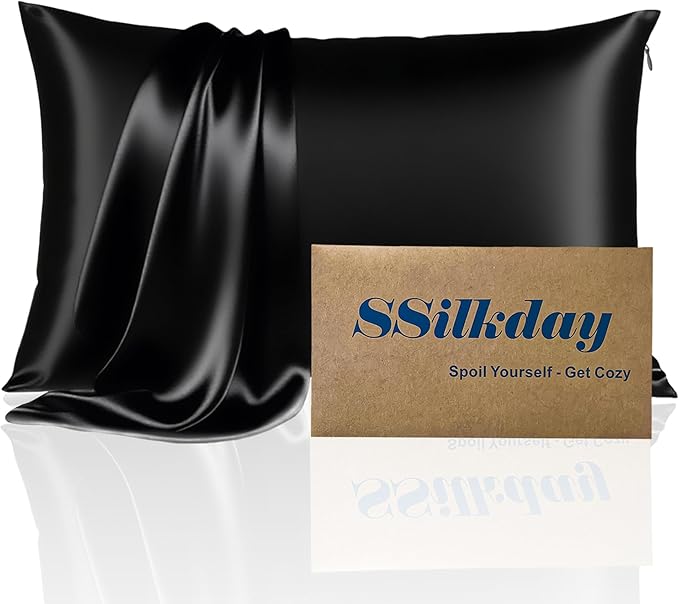 Mulberry Silk Pillow Cases with Zipper, Ultra Smooth Soft Breathable Cooling Pillow Cases for Hot Sleepers, Silk Satin Pillowcase for Hair and Skin, Gifts for Women (Black, Queen Size, 1 Pack)