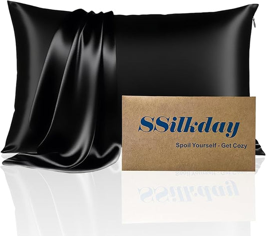 Mulberry Silk Pillow Cases with Zipper, Ultra Smooth Soft Breathable Cooling Pillow Cases for Hot Sleepers, Silk Satin Pillowcase for Hair and Skin, Gifts for Women (Black, Queen Size, 1 Pack)