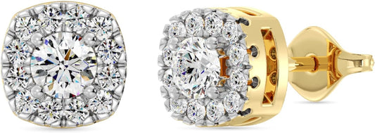 Gilded Lab-Grown Diamond Sterling Silver and 14KT Yellow Gold Plated Silver Stud Earrings for Women | Cushion Halo Shaped Studs | Hypoallergenic Fine Jewelry | Prong Setting, Push Back Nut | SI1 Clarity, F Color 1/4, 1/2, ,1 Carat Total Weight
