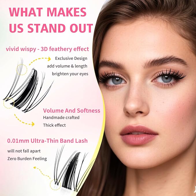 Gyinsoo DIY Lash Extension Kit "Sunday Stroll" - 132Pcs Wispy Manga Clusters (8-18mm) with Bond and Seal, Remover, Tweezers - D Curl Individual Lashes