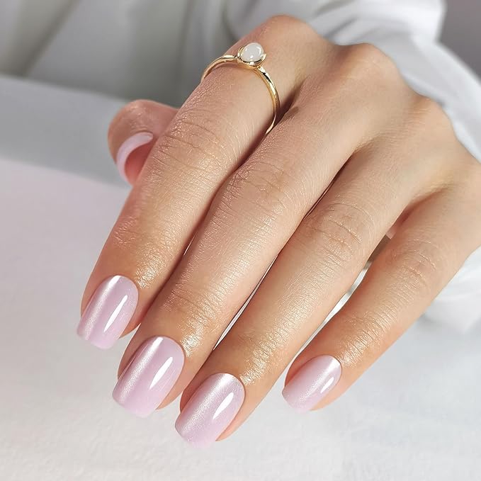 SHANGMENG Pink Cat Eye Press on Nails Square - Soft Gel Valentine Press on Nails Short for Women Gift, Fit Perfectly & Natural Glue on Nails with Glue in 16 Sizes - 32 Reusable Fake Nails, Light Pink