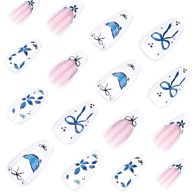 XZMeiLun French Tips Press On Nails Short Almond, Flower Bird Bow Sticke On Nail, Floral Designer Reusable Acrylic Nails Press Ons, Fake Nails With Glue On Nail, Daily Wea False Nail For Women