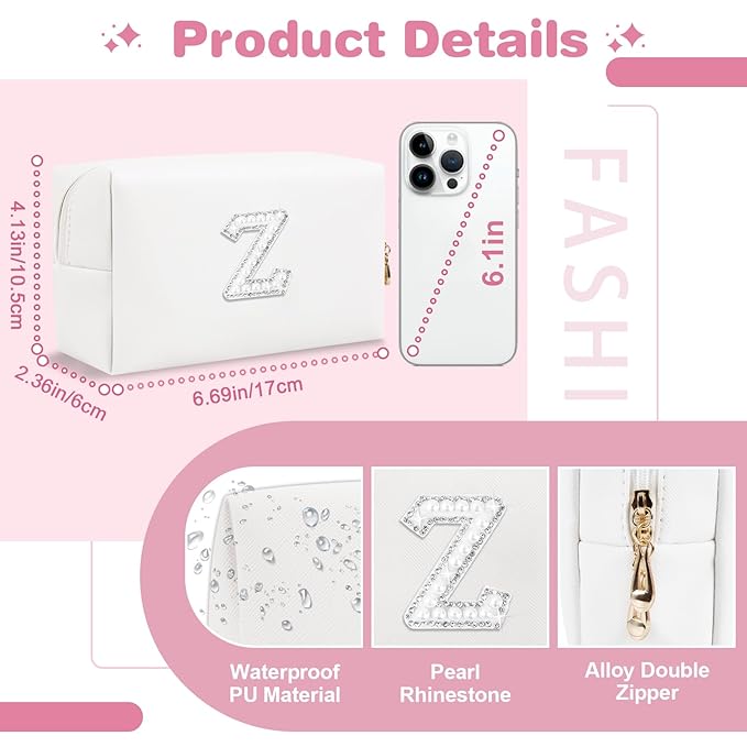 Bride Gifts – Personalized Initial Makeup Bag with Pearl Rhinestone Patch, Preppy White Monogram Cosmetic/Toiletry Pouch, bridesmaid Gifts, Bridal Shower Gifts, Wedding Gifts, Bridal Gifts,Z