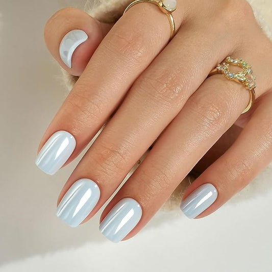 SHANGMENG Chrome Press on Nails Square - Soft Gel Blue Press on Nails Short for Women Gift, Glossy & Natural Stick on Nails with Glue in 16 Sizes - 32 Reusable Fake Nails, Aurora Light Blue