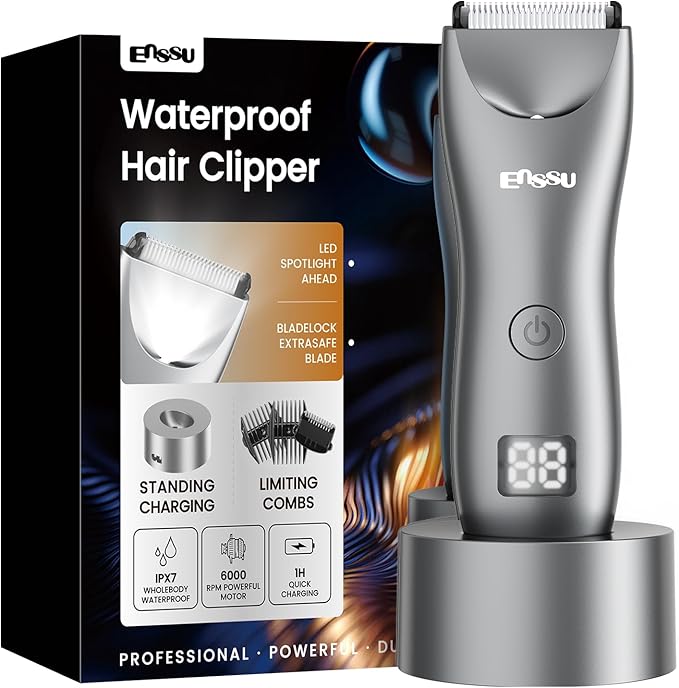 ENSSU Trimmer for Men with BLADELOCK™, Electric Manscape Body Hair Trimmer for Men with LED Spotlight & LCD Display, IPX7 Waterproof Wet/Dry Razor/Shavers for Pubic, Groin, Legs & Bikini Grooming