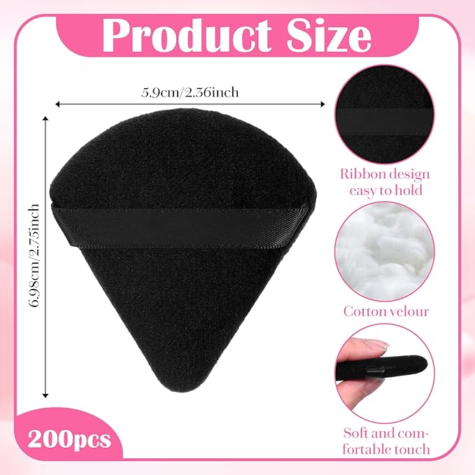 200 Pcs Powder Puffs Bulk Set - Professional Soft Velour Triangle Powder Puff for Liquid Foundation & Loose Mineral Makeup, Reusable Cosmetic Applicator Sponge Tools (Black)