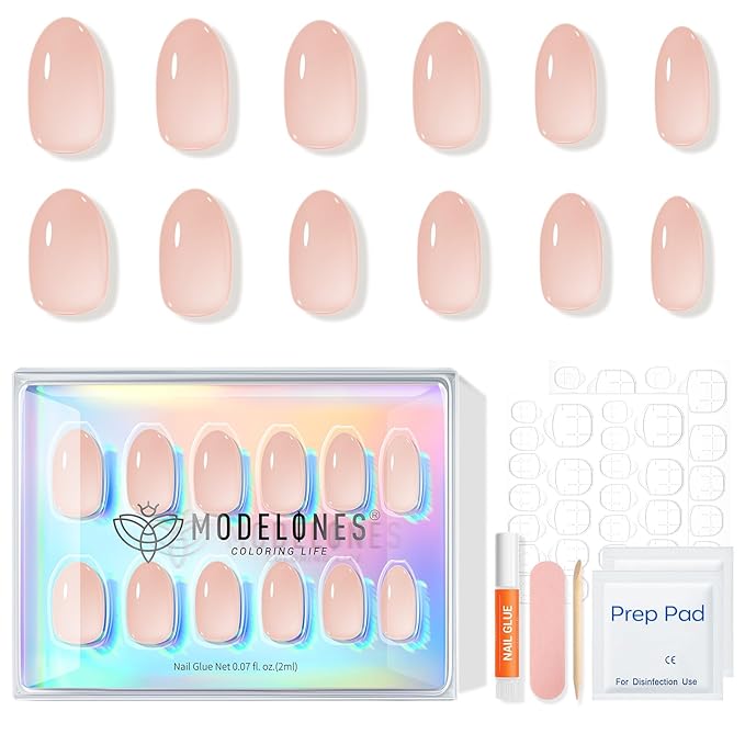modelones Nude Short Press on Nails, Semi-Transparent Oval Fake Nails Kit Press Ons with Nail Glue, Adhesive Tabs, Nail File, Prep Pad, Manicure Stick, 32Pcs 16 Sizes, Valentines