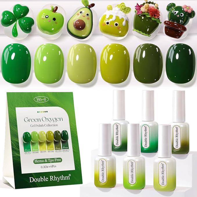 Double Rhythm 6 Pcs Hema Free Gel Polish Set 0.50 OZ Same Color Same Bottle Soak Off Neutral Natural Milky Gel Polish Kit Nail Art Manicure Salon DIY at Home (Lime Forset Green-H6-8)