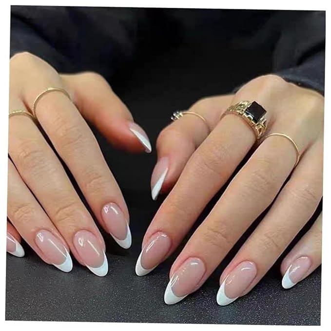 SHELWIN French Press On Nails Ready-To-Wear DIY Manicure Stick On Nails kit for Women 24 Pcs Short Medium Coffin Almond Shaped False Nails Gifts（Vanilla Cream）