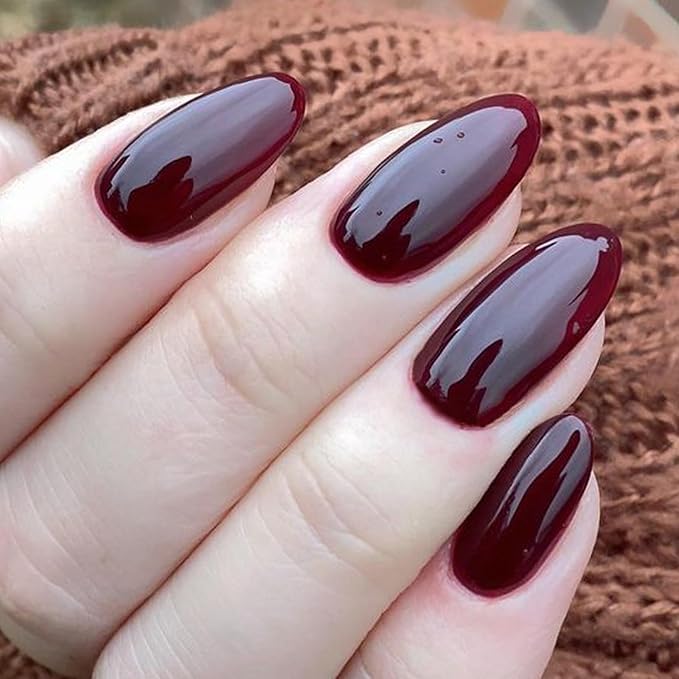 GLAMERMAID Dark Red Press on Nails Medium Almond, Handmade Jelly Soft Gel Deep Red Glue on Nails Stiletto, Burgundy Gothic Fake Nails Set, Reusable Acrylic Stick on False Nails Manicure Kit for Women
