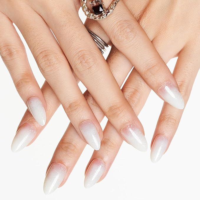 GLAMERMAID Nude White Glitter Press On Nails Short Almond, Translucence Milk White Handmade Soft Jelly Gel Fake Nails, Round Oval Stick Glue on Nails Kit for Women, Reusable Acrylic False Nail Set