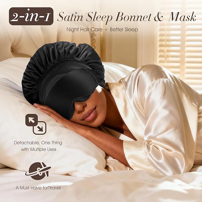 LC-dolida Satin Silk Bonnet for Sleeping Women Men, 2-in-1 Adjustable Hair Bonnet for Curly & Natural with Sleep Mask