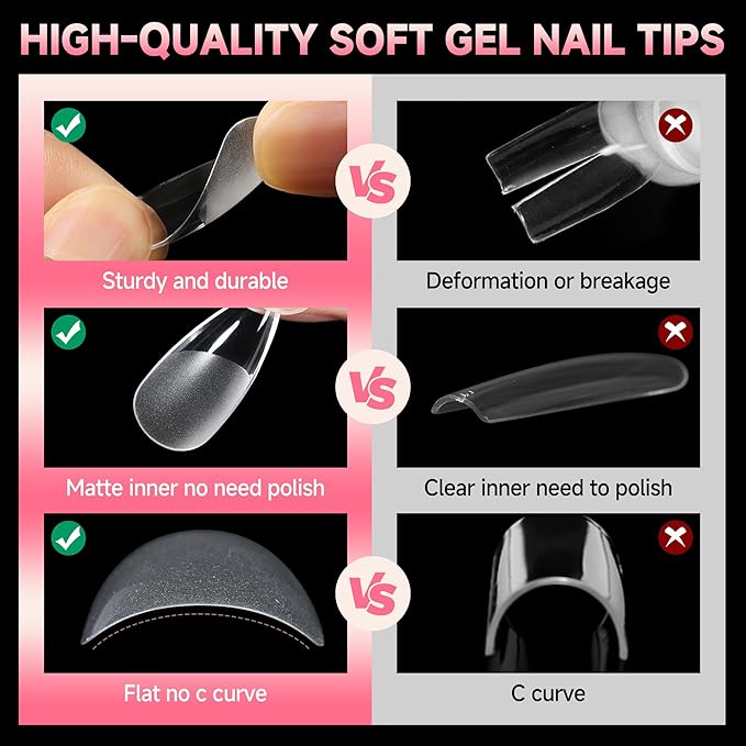 UNA GELLA Stiletto Gel Nails Press On 504Pcs Medium Almond Stiletto Clear Gel Nail Tips Full Cover Pre-matte Fake False Acrylic Nails for Nail Extensions Home Art Salon 12 Sizes