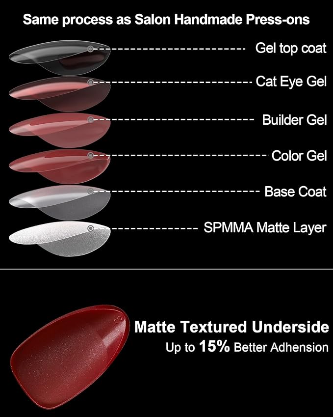 OIFEN Burgundy Red Cat Eye Press on Almond Nails Short 16 Sizes Glass Glossy Gel Fake Manicure with Glue & Stick