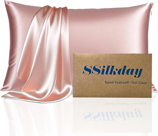 Mulberry Silk Pillow Cases with Zipper, Ultra Smooth Soft Breathable Cooling Pillow Cases for Hot Sleepers, Silk Satin Pillowcase for Hair and Skin, Gifts for Women (Pink, Queen Size, 1 Pack)