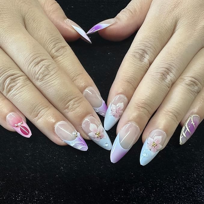 JONKASIPA 24 Pcs Press On Nails, Pink Acrylic Fake Nails French 3D Flower Pearls Decorative Nail Art for Women