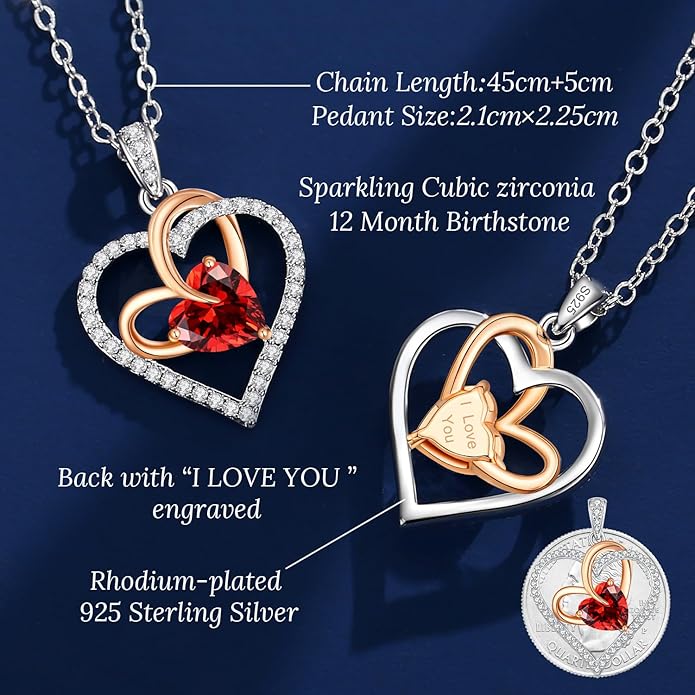 OOBEE Birthstone Necklaces for Women, 925 Sterling Silver Gemstone Fine Love Heart Moissanite Necklace, Ideal Birthday Anniversary Mothers Day Jewelry Gifts for Wife Mom Girlfriend Her