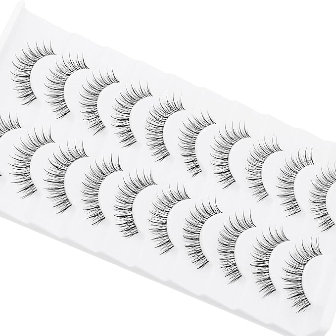 outopen 10 Pairs Manga Lashes Natural Look Clear Band Lashes Japanese Anime Eyelashes Asian Style False Eyelashes Wispy Thin Band False Lashes Korean Makeup Fake Eyelashes Fairy Lash Clusters