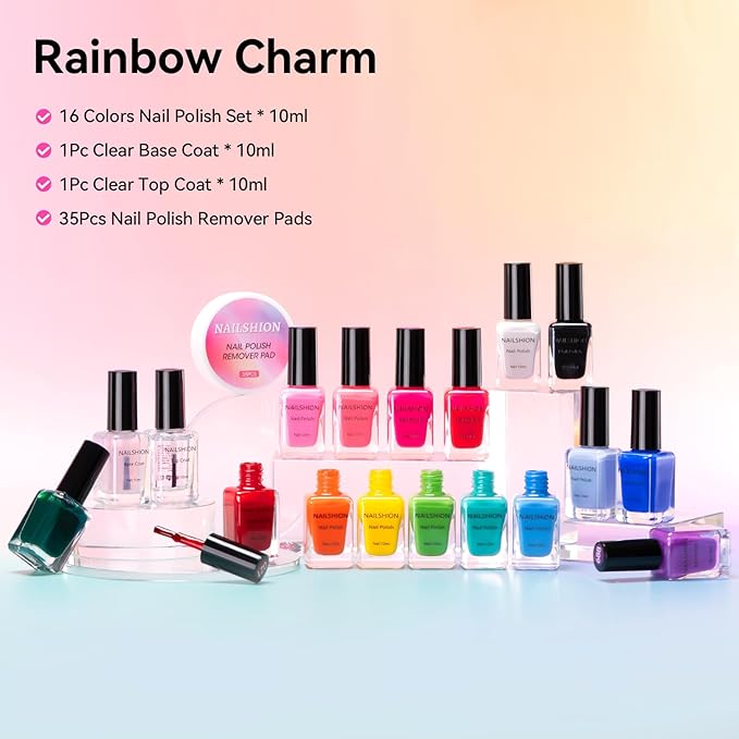 Nailshion Nail Polish 16 Colors Rainbow Air Dry Regular Nail Polish Set with Base Top Coat & Remover Pads| White Red Classic French Fingernail Polishes Non-gel Bulk Gift for Nail Art Lovers