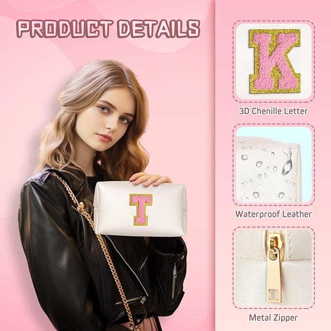 TOPEAST Preppy Bag, Monogrammed Makeup Bags with Zipper, Cute Makeup Pouch, Initial Birthday Gifts Bag for Daughter Friends Sister, Preppy Things for Girls (Pearly White H)
