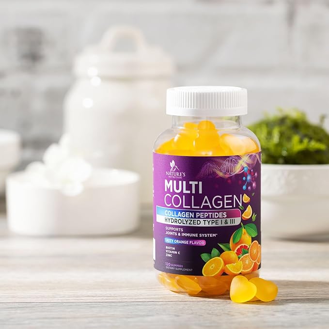 Collagen Gummies with 2500 mcg Biotin - Hydrolyzed Peptides Protein Type I & III Multi Collagen Supplement with Vitamin C & Zinc - Support for Hair, Skin, Nails, Tasty Orange Flavor - 120 Gummies