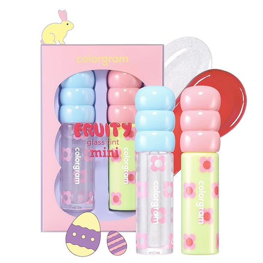 COLORGRAM FRUITY GLASS TINT MINI SET 02 WARM BEST SET | Radiant Lip Tint Duo for Glossy Shine & Vivid Color | Long-Lasting, Moisturizing Natural Pink & Grapefruit Tones | Portable & Cute Mini Size
