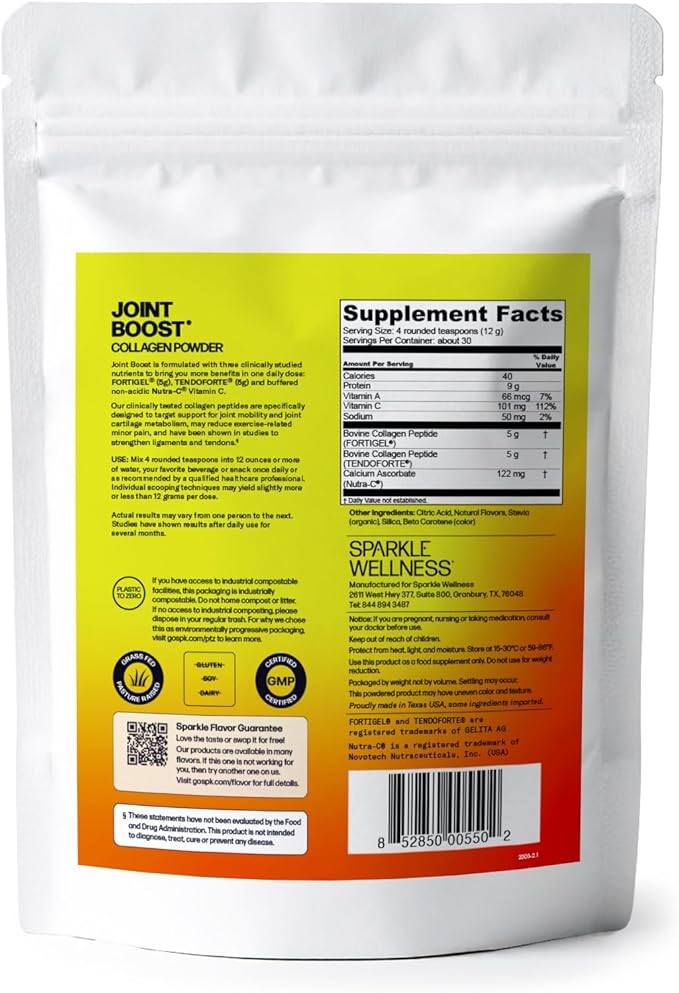 Sparkle Wellness FORTIGEL & TENDOFORTE Collagen Peptides | Collagen Powder with Calcium Ascorbate Vitamin C to Support Joint Mobility, Tendon & Ligament Health | Joint Boost (Orange) [30-Serves]