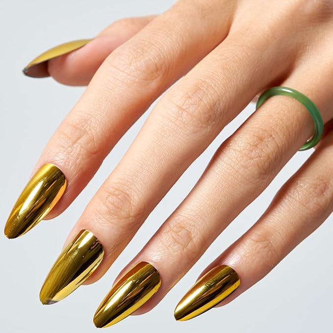 GLAMERMAID Press on Nails Medium Almond, Spring Summer Golden Chrome Gel Glue on Nail, Glossy Short Stiletto Reusable UV Finish Fake Nails Acrylic False Nails Manicure Kits for Women