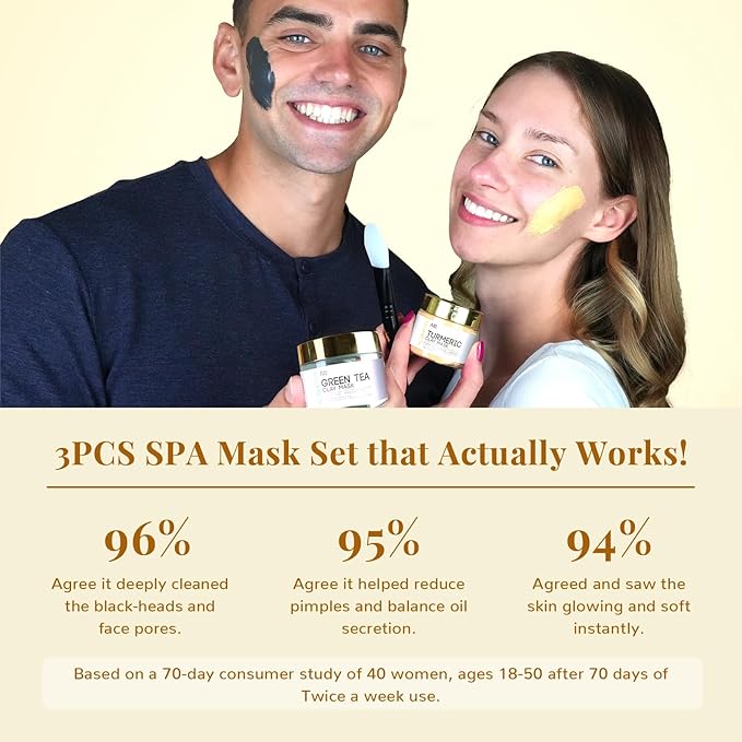 ANAI RUI 3Pack Face Mask Gift Set, Turmeric Clay Mask - Green Tea Mask - Dead Sea Minerals Mud Mask, Spa Gift Set Self Care Valentines Day Gifts for Women 2.5 oz Each