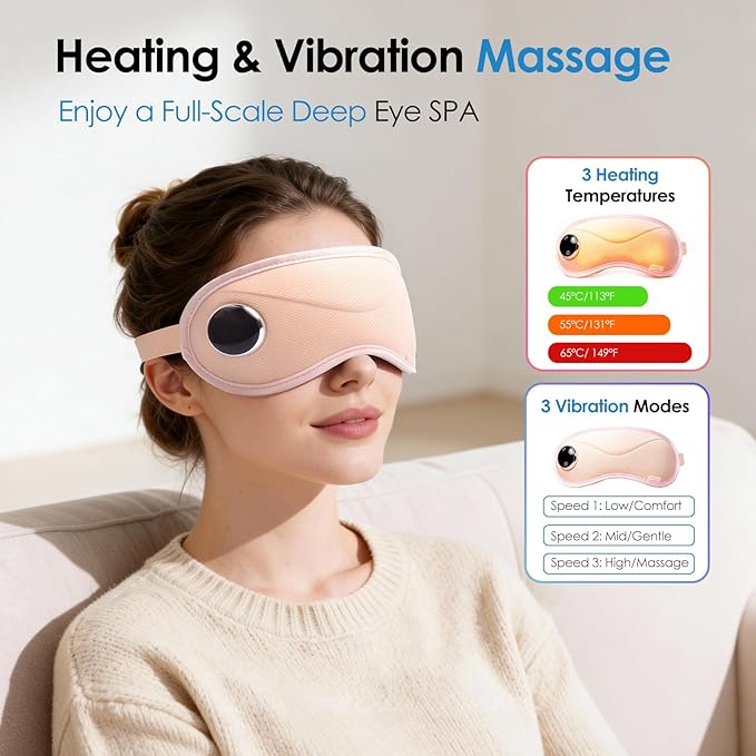 Heated Eye Mask with Massager, 3D Contoured Light-Blocking Sleep Mask for Dry Eyes, LED Display & 3-Level Heat/Vibration Modes,Gift for Men & Women, Ideal for Home, Office & Travel Use (Pink)