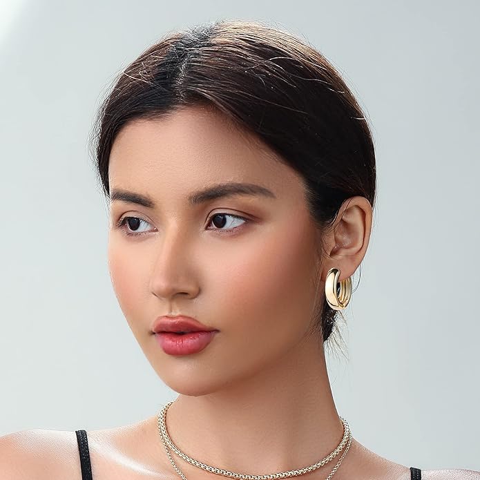 HILXURY Gold Chunky Hoop Earrings Set for Women, 14K Gold Plated Twisted Huggie Hoop Earring Hypoallergenic, Thick Open Hoops Set Lightweight