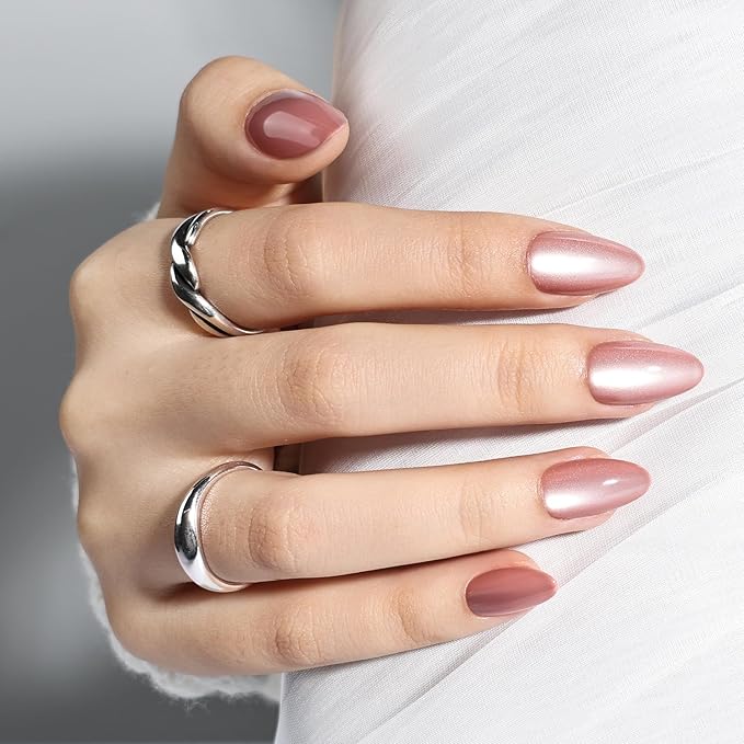 Leefrei Cat Eye Press On Nails - Glazed Pink Press On Nails Short Almond Nails Press Ons for Women Fake Nails with Glue, Glossy Reusable Glue on Nail in 16 Sizes - 32pcs, Blush Aurora