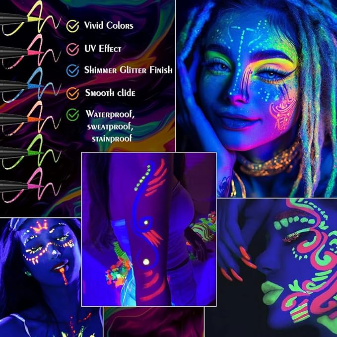 evpct Pink Shimmer Eyeliner UV Neon Gel Eyeliner Pencil Makeup, Rainbow Halloween Colored Colorful Gel Eye Liner Pen Glow in Dark Makeup, Long Lasting Waterproof Eyeliners for Face Body Painting