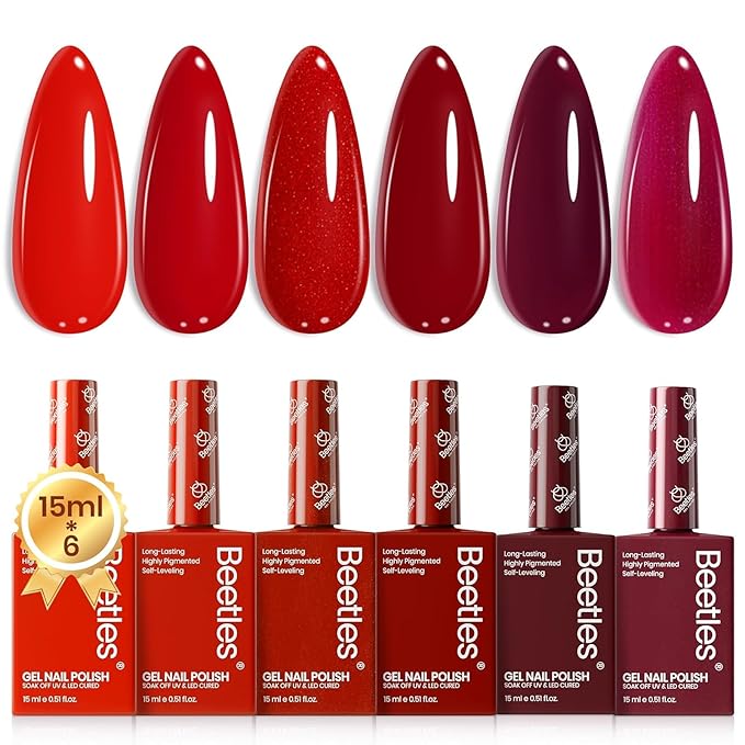 Beetles Red Gel Nail Polish Set-15ML 6 Colors Shimmer Bloody Red Burgundy Gel Polish Kit Soak Off UV Full Size Winter Nail Art Salon Design DIY Chirstmas Gift for Women Colorful Bottle