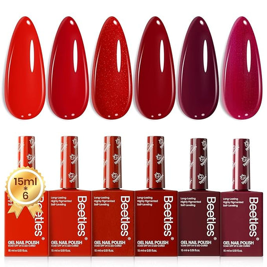 Beetles Red Gel Nail Polish Set-15ML 6 Colors Shimmer Bloody Red Burgundy Gel Polish Kit Soak Off UV Full Size Winter Nail Art Salon Design DIY Chirstmas Gift for Women Colorful Bottle