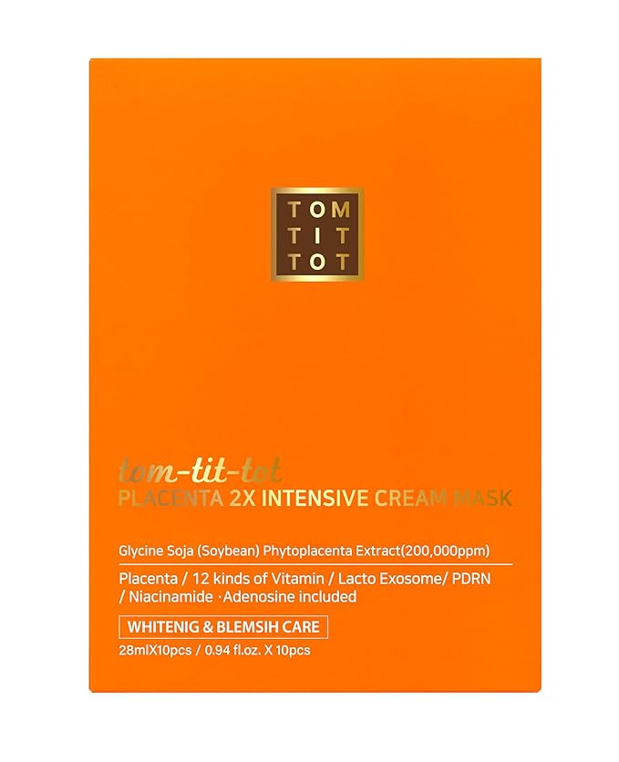 tom-tit-tot Placenta 2X Intensive Cream mask - Brightening and Anti-Aging, Soybean Phyto Placenta, 12 Vitamins and Niacinamide with Soft Tencel Sheet, Korean Premium Skin Care (28ml x 10pcs)