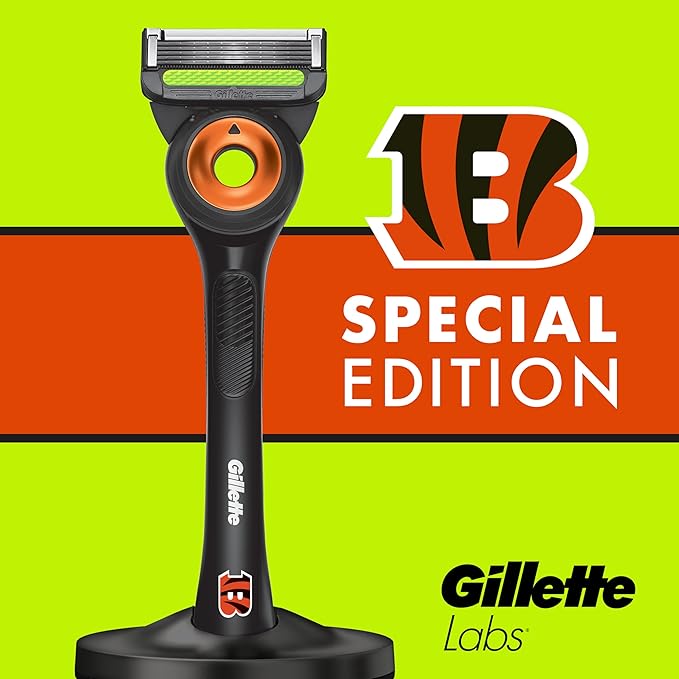 Gillette Labs Special NFL Bengals Edition Shaving Razor for Men - 1 Handle, 4 Razor Blade Refills & Magnetic Stand, GilletteLabs with Exfoliating Bar