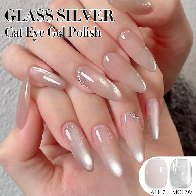 Double Rhythm Jelly Glass Cat Eye Gel Polish with Magnet 15ML Holographic Glitter Shimmer Translucent Sheer Color Magnetic Nail Polish Salon DIY at Home (Jelly Silver-MC1099)